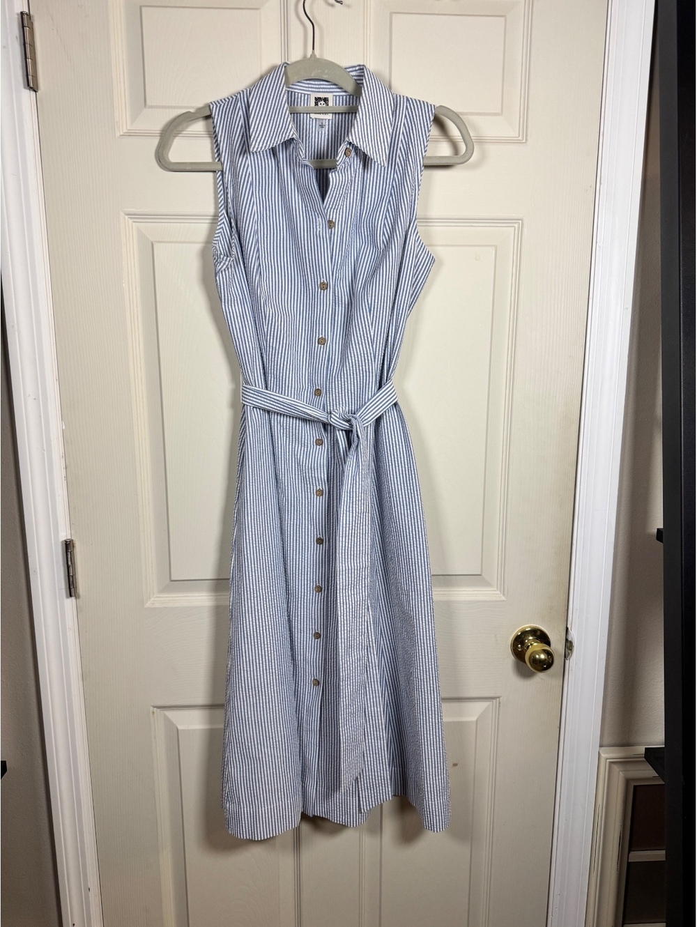 Anne Klein Blue and White Striped Sleeveless Shirt Dress with Belt Size 4